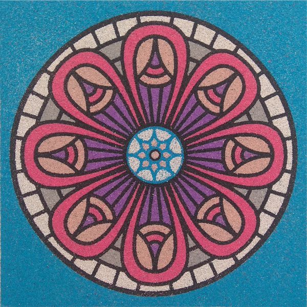 Mandala 2 sand art design with colorful patterns on a blue background.