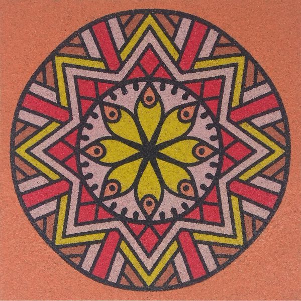 Mandala sand art template with colorful geometric pattern.