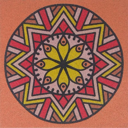 Mandala sand art template with colorful geometric pattern.