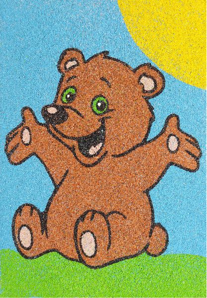 Bear sand art image with colorful background.