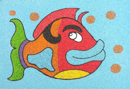 Colorful fish sand art image with vibrant patterns and bubbles.