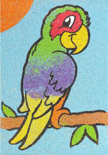 Colorful sand art depicting a parrot on a branch, part of the creative "Papagáj homokkép" kit.