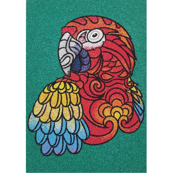 Colorful parrot sand art kit with intricate design.