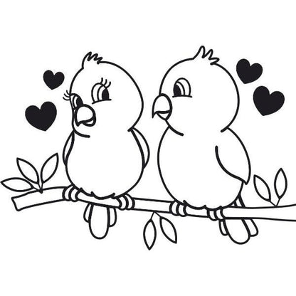 Bird sand art templates with two birds on a branch, hearts above, included in the Madarak homokkép csomag for creative sand painting.