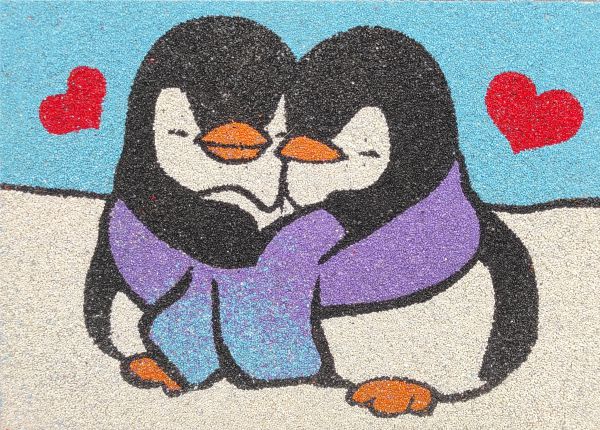 Cute penguins in love sand art with hearts, perfect for creative projects and fun activities.