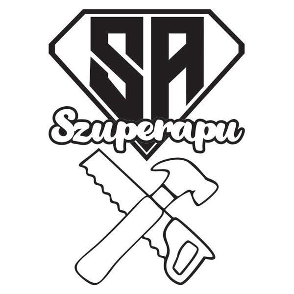 Szuperapu homokkép logo with tools, designed for creative sand art activities.