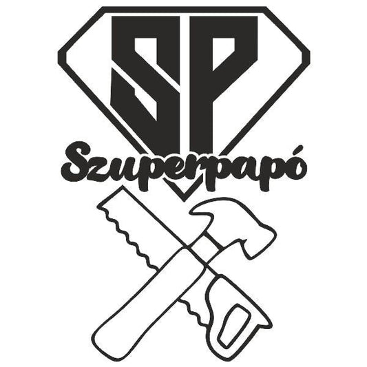 Szuperpapó homokkép készlet logója háttérben kalapáccsal és fűrésszel.