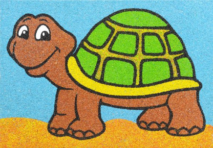 Colorful Teki sand picture of a smiling tortoise on a sandy beach.