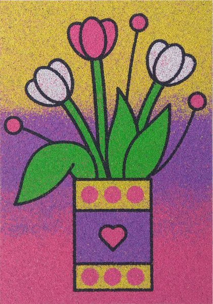 Tulipánok homokkép készlet; színes sablonkép tulipán mintával homokfestéshez.