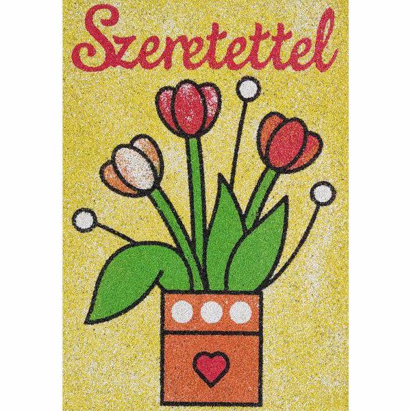 Tulipánok szeretettel homokkép színes sablonnal és virág mintával.