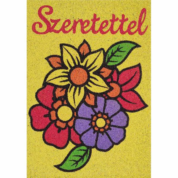 Új virágok szeretettel homokkép színes virágokkal sárga háttéren.